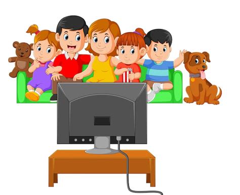 Los Niños Con Sus Padres Están Viendo La Televisión Juntos Vector