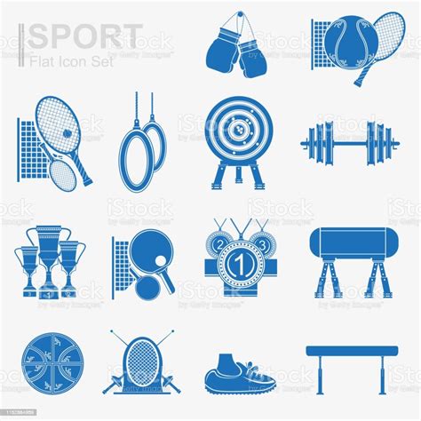 Set Ikon Olahraga Desain Datar Dengan Inventaris Olahraga Siluet Biru