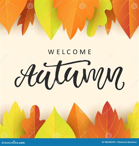 Welcome Autumn Banner Template With Bright Colorful Fall Leaves Stock
