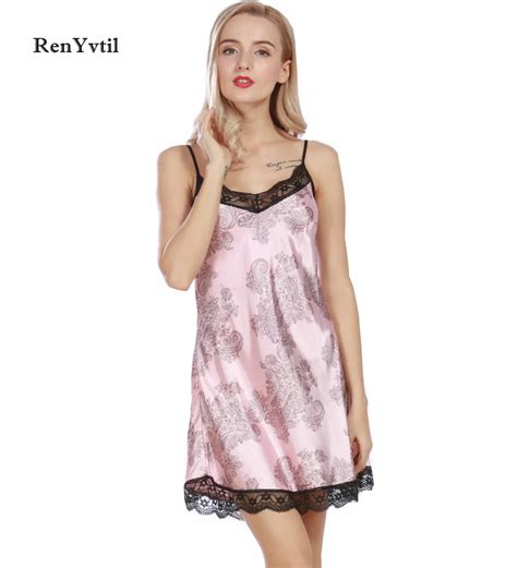 Renyvtil Brand Women Sexy Suspender Nightdress Deep V Lace Satin Sleepwear Nightgown European