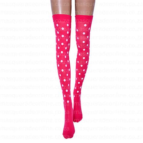 Masquerade Costume Hire Pink And White Polka Dot Thigh High Stockings