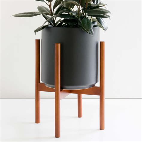 Peach And Pebble 10 Inch Ceramic Planter With Wood Plant Stand Black