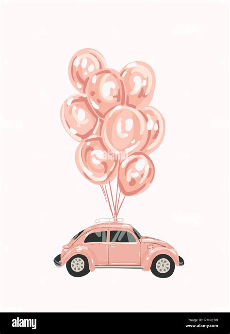 Pink Female Car With Balloons For Your Design Retro Car Little Pink