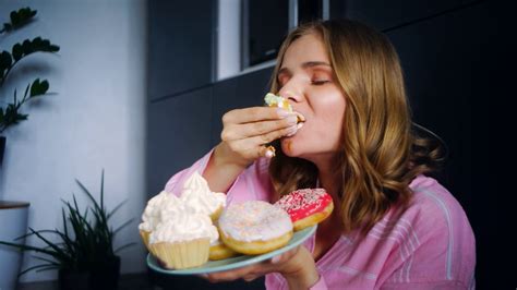 Eating Woman Enjoy Cream Cupcake Food Calories Close Up Hungry Overeating Young Girl Eating