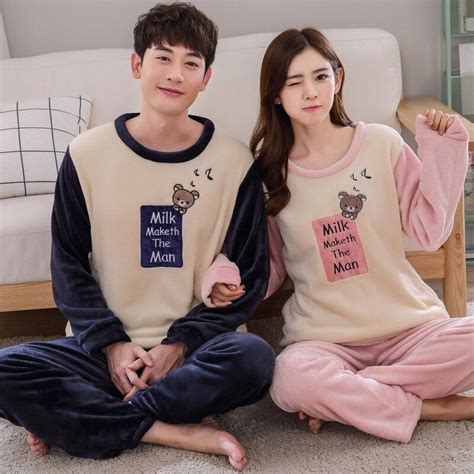 Winter Couples Thick Warm Flannel Pajama Sets Women Long Sleeve Cartoon