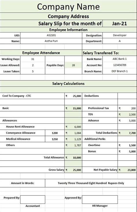 Ready To Use Salary Slip Excel Template India Msofficegeek