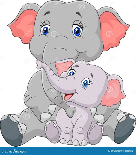 Cartoon Mother And Baby Elephant Sitting Isolated On White Background