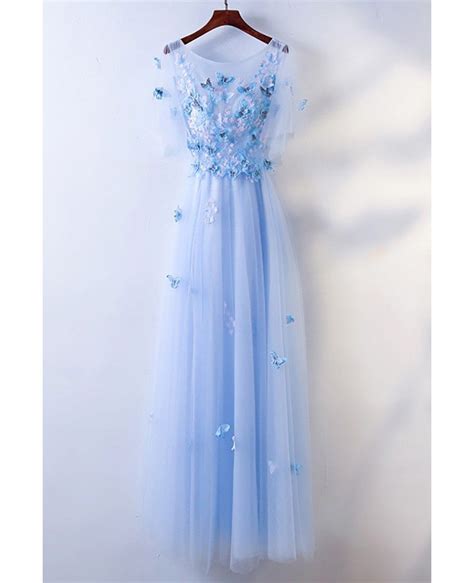 Cute Blue Flowy Long Cheap Prom Dress With Butterflies Myx18091