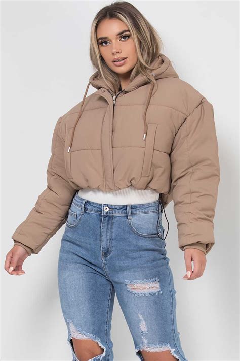 Womens Crop Puffer Jacket With Hood Beige Oversized Padded Coat