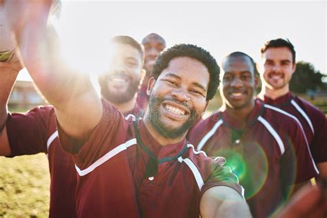 Portrait Sports And Selfie Of Rugby Team On Field After Exercise