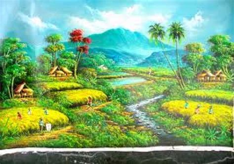 lukisan pemandangan alam pedesaan  wallpaper teahubio