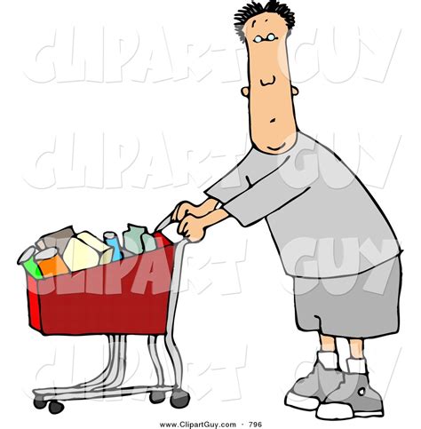 Clip Art Of A Cute White Man Pushing A Shopping Cart Filled With Food