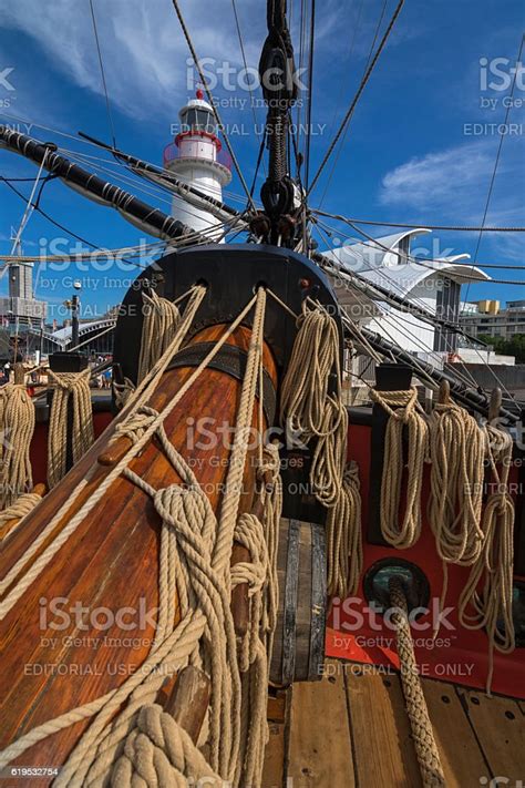 Coiled Ropes Bowsprit At Foredeck Of Tall Ship Hmb Endeavour Stock