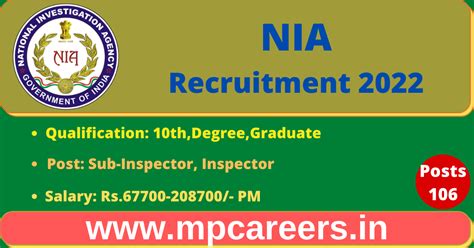Nia Recruitment 2022 106 Sub Inspector Inspector Posts