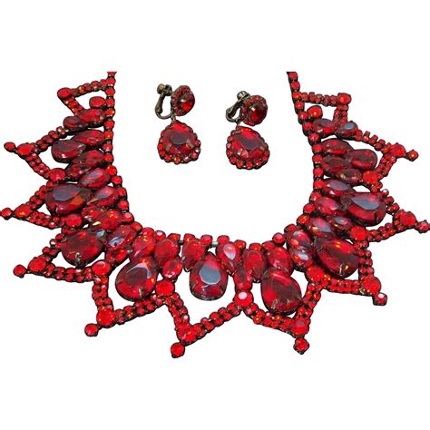 Vintage Red Rhinestone Lacy Dangle Bib Necklace Earring Set Found At