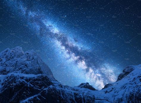 Milky Way Above Snowy Mountains ~ Nature Photos ~ Creative Market