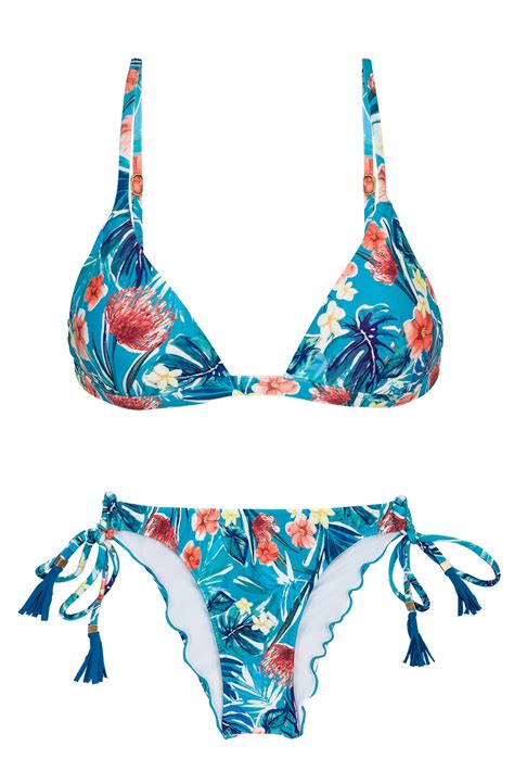 Blue Floral Adjustable Brazilian Bikini With Pompoms Isla Tri Fixo