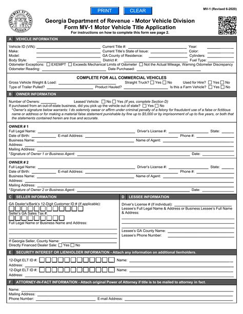 Ga Dmv Form Mv 1 Dor Motor Vehicle Titletag Application Forms Docs