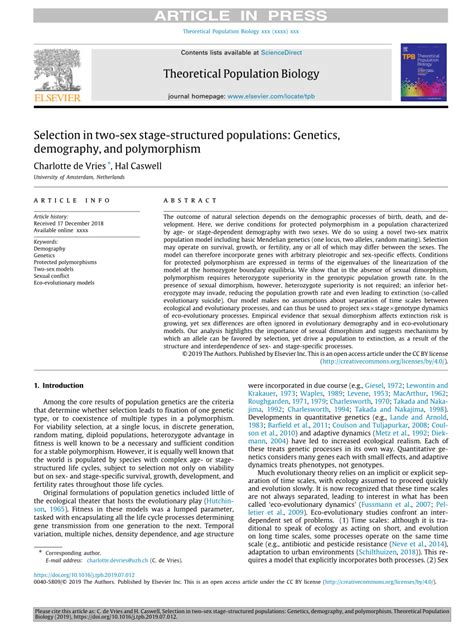 Pdf Selection In Two Sex Stage Structured Populations Genetics Demography And Polymorphism
