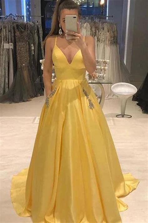 Elegant Yellow Spaghetti Straps A Line Satin V Neck Prom Dresses With Beads Pockets P1123 Prom