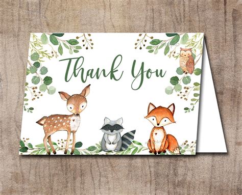 Woodland Thank You Card Printable Greenery Woodland Animals Etsy In