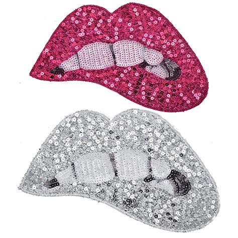 1pcs sexy pink sliver metallic lips sequin patch iron on fabric sticker for clothes badge