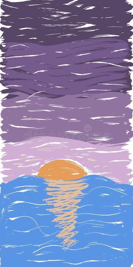 An Illustration Of Sunset With Purple Sky And Blue Ocean Stock
