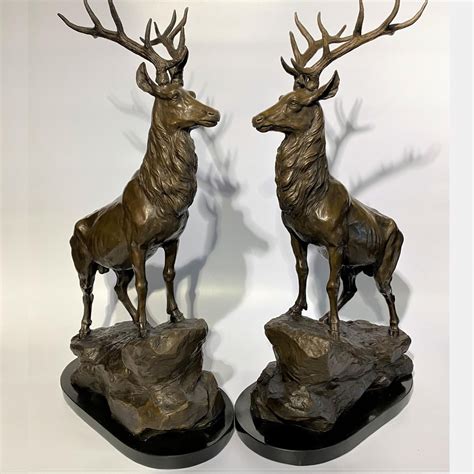 Large Bronze Sculpture Stag Right Facing On A Marble Base Bronzes