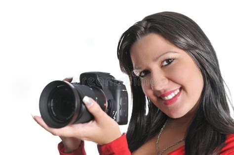 Woman Holding Dslr Camera In Hand Stock Image Image Of Face Hand