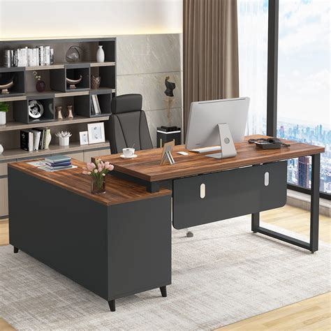 Buy Tribesigns L Shaped Desk With 2 Drawers 55 Inch Executive Office Desk With Cabinet Storage