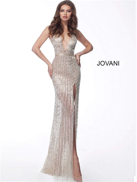 Jovani 62998 White Nude Backless Beaded Sheer Gown