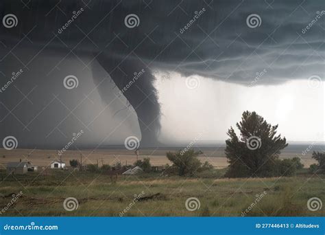 Tornado With Debris Swirling And Flying Around It Touching Ground In