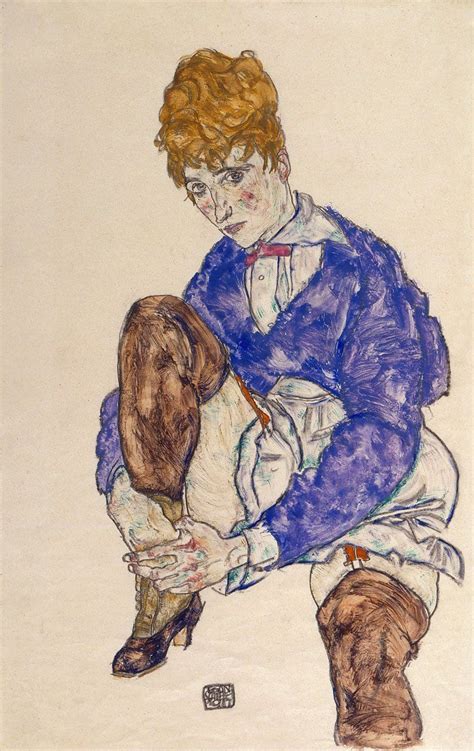 Portrait Of The Artists Wife Seated Holding Her Right Leg Egon Schiele Artist Drawings