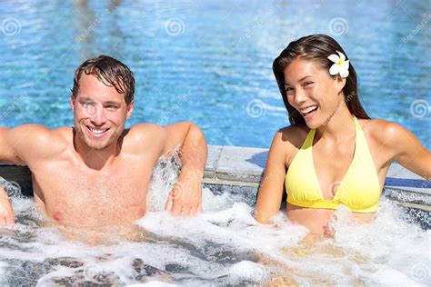 Wellness Spa Couple Relaxing In Hot Tub Whirlpool Stock Image Image Of Handsome Laughing