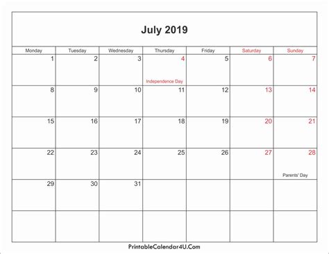 July 2019 Blank Calendar With Holidays Blank Calendar Blank Monthly