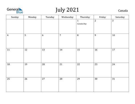 Canada July 2021 Calendar With Holidays