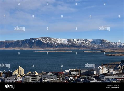 Reykjavik Iceland Mountains Sea Snow Capped Mountains 2018 Stock