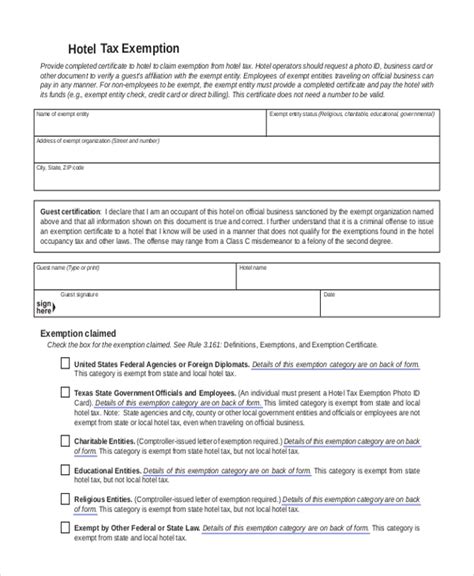 Texas Hotel Tax Exempt Form Fillable Printable Forms Free Online