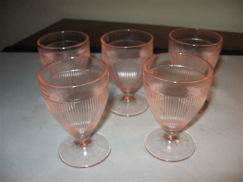 Set Of Five Pink Depression Glass Juice Glasses Homespun Fine Rib