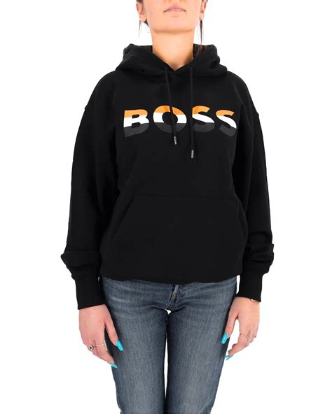 Huggo Boos Women Front Graphic Letter Logo Black Hoodie Exportoutletpk