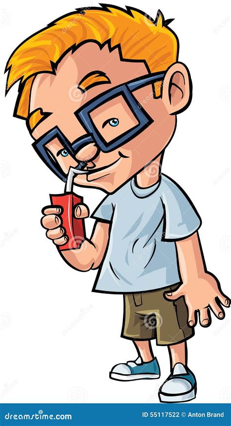 Cute Cartoon Boy With Glasses Drinking Juice Stock Illustration