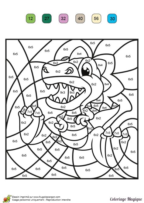 2 pages x8, 2 pages x9, 2 pages de multiplications mélangées) sur le thème de l'art et l'archéologie. Dessin à colorier magique multiplication, un Tyranosaure Rex