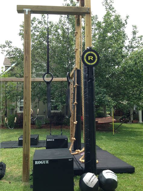 By using pressure treated lumber and 1 diameter black pipe you can build a simple backyard bodyweight gym. muscle up rings and wall ball | Crossfit home gym, At home ...