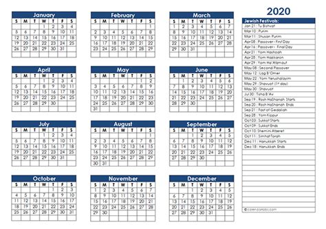 2020 Jewish Festivals Calendar Template Free Printable Templates