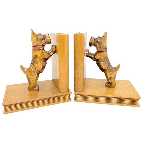 Vintage Black Forest Wood Carved Scotty Dog Bookends 1950s For Sale At