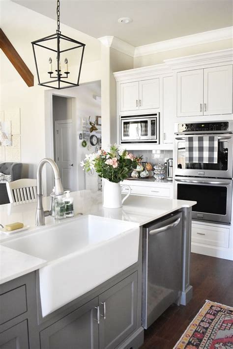 Consider your practices and inclinations. Farmhouse Kitchen. Farmhouse sink and faucet. Grey island ...