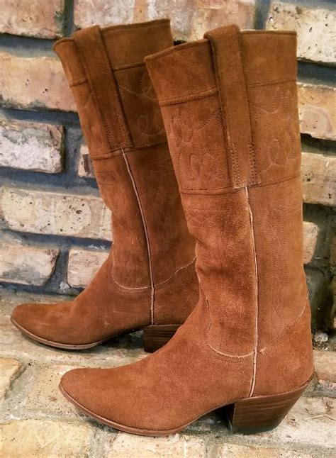 Jr Boots Custom Brown Suede Tall Riding Cowboy Boots Vintage 70s Womens