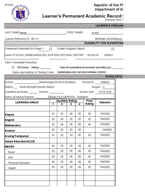 School Form 10 Sf10 Learners Permanent Academic Record For Elementary