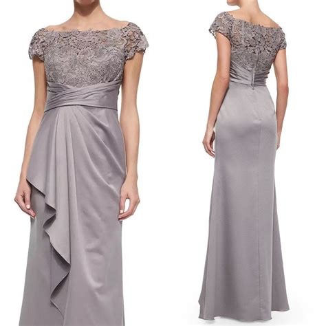 Macloth Women Cap Sleeves Lace Chiffon Long Evening Gown Silver Mother