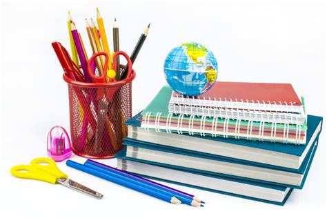 Stationery In A Glass Books And Notebooks Globe Pencils Isolated On
